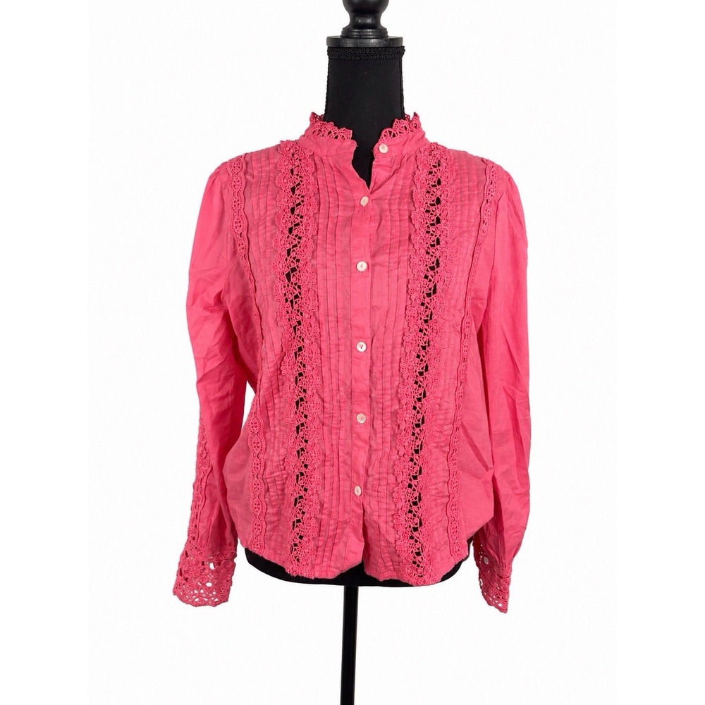 jennifer & grace eyelet top embroidered pin tuck M pink Long Sleeve Button